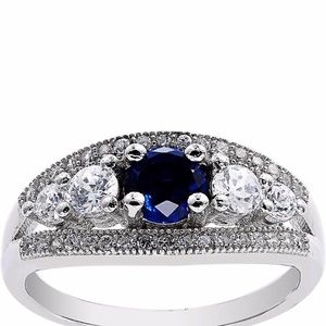 Simulated Sapphire & Diamond Ring, Sterling Silver
